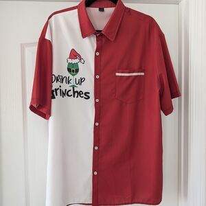 Men's Red and White Short-Sleeve Holiday Button-Up Shirt